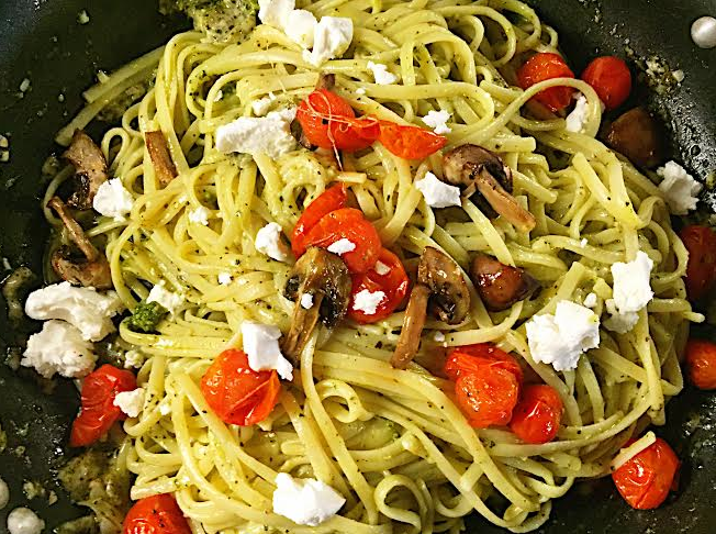 Pesto Linguini with Roasted Tomatoes, Mushrooms, and Goat Cheese – Food ...